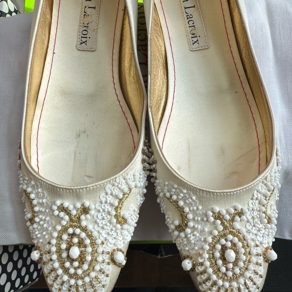 Christian Lacroix Ivory and Gold Embellished Flats